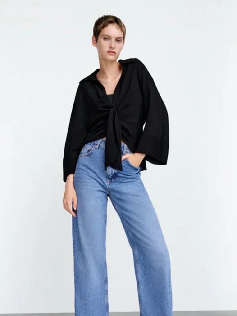 Zara black sheer striped button-down collared shirt knot-front size medium